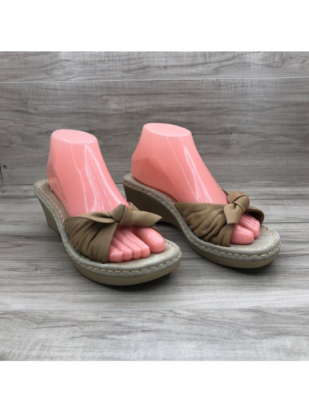 Earth Spirit Wedge Sandals Womens 8 Liberty Tan Leather Bow Slip On Shoes